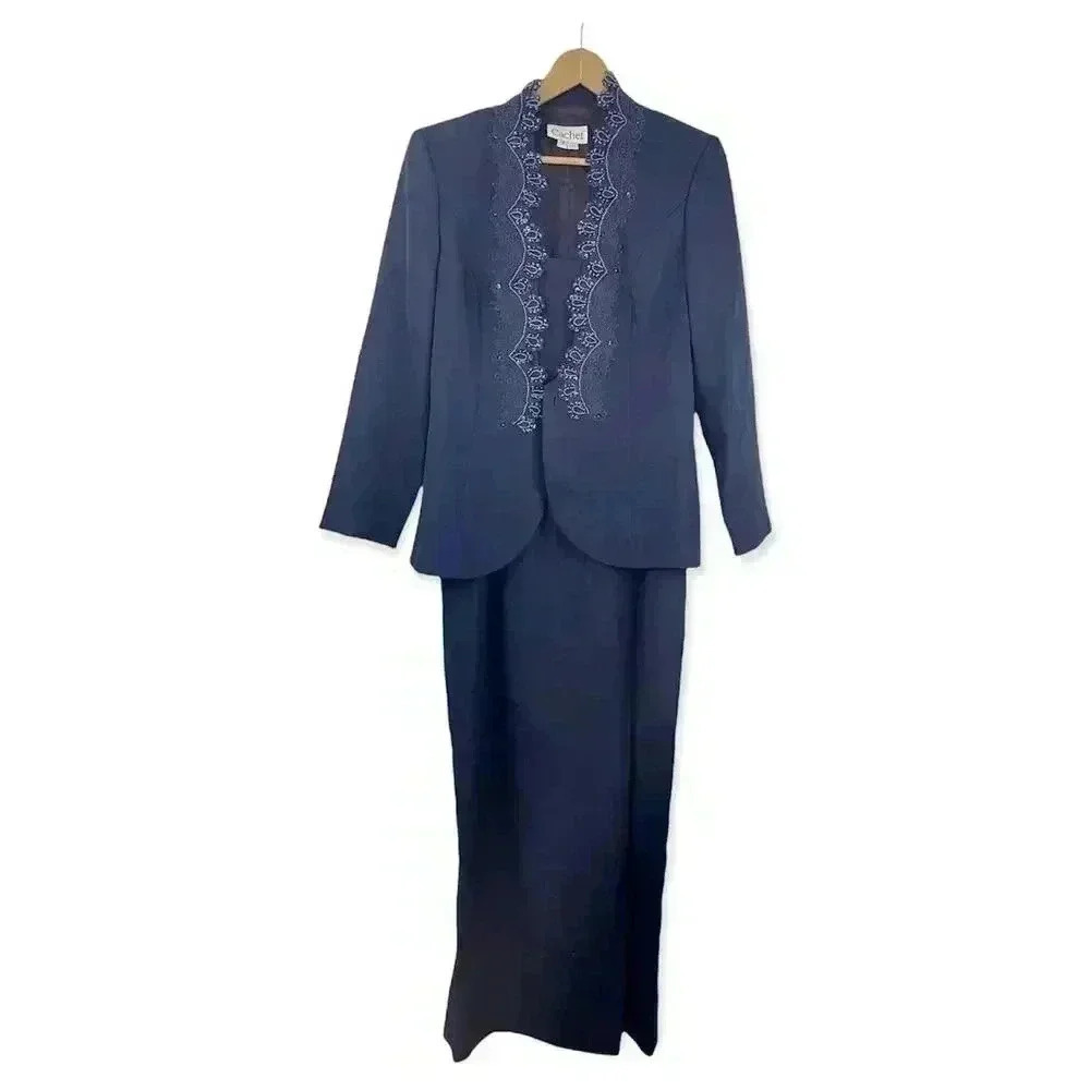 VTG Cachet Dark Blue 2 PC Dress with Blazer‎ Sz 18 Long Pearl Beaded FLAW